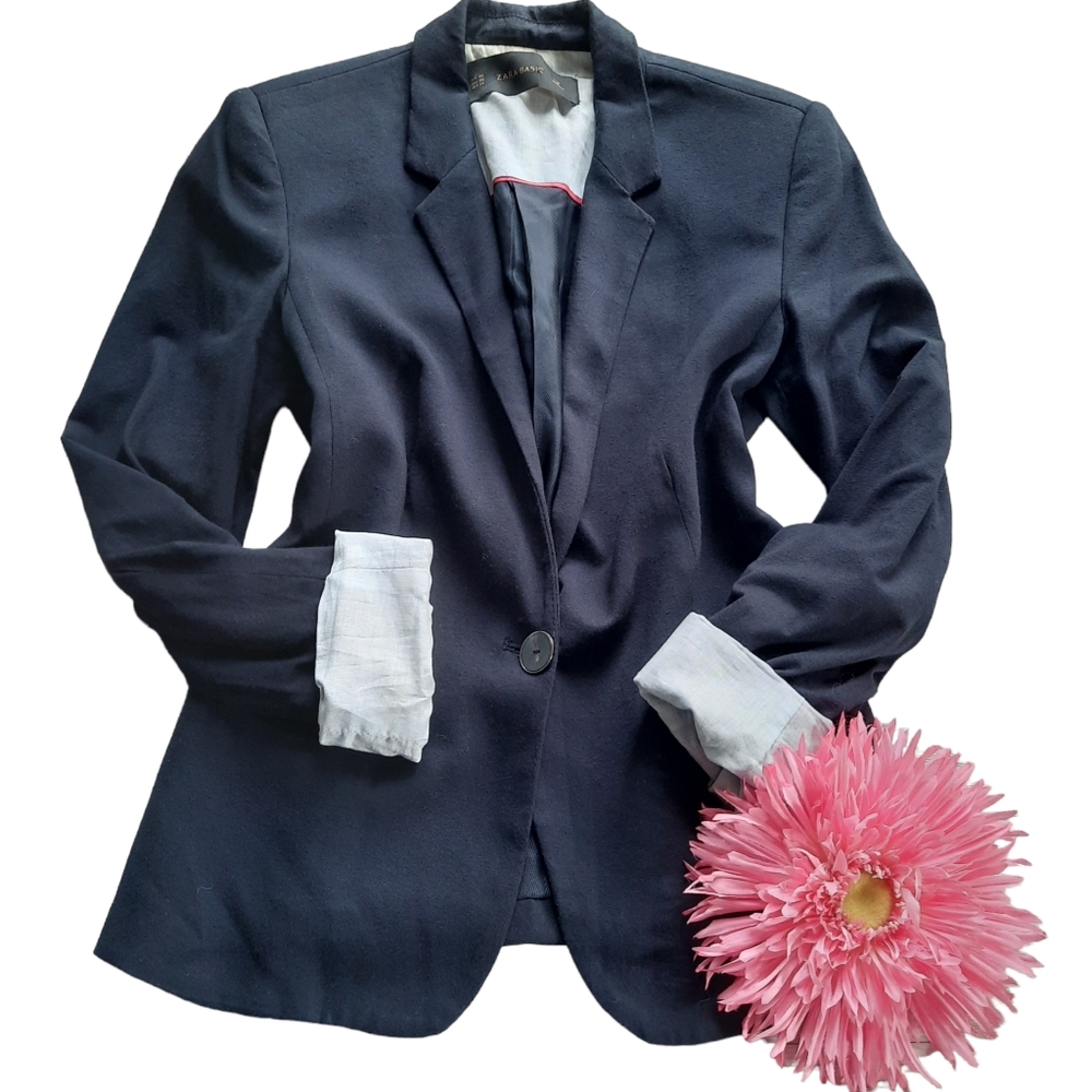 Zara One Button Closure Navy  Blazer Jacket Preppy Office Career
